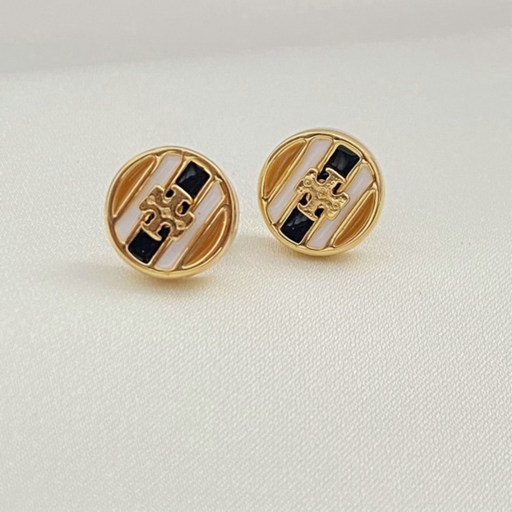 Tory Burch Gold, Black & White Round Logo Stud Earrings